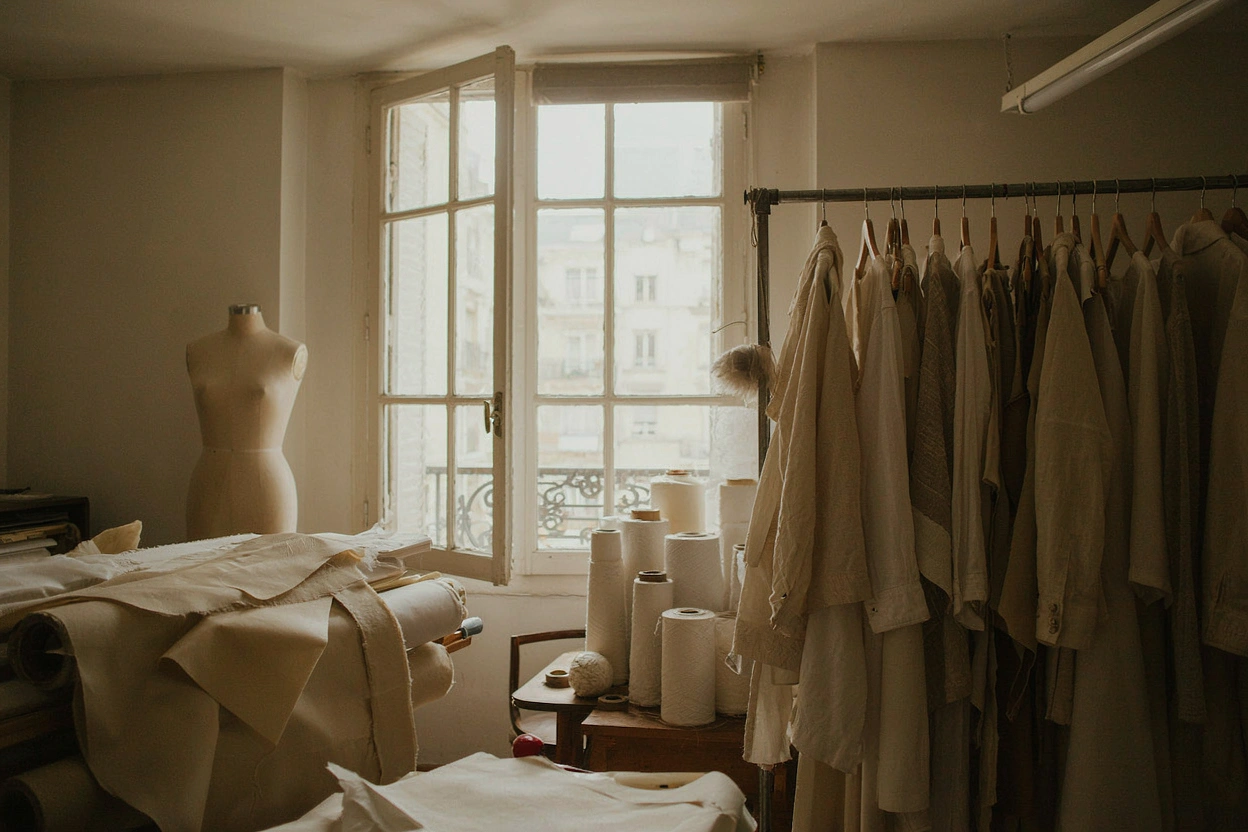 L'atelier de Moda Clic à Paris, mannequin de couture et rouleaux de tissu